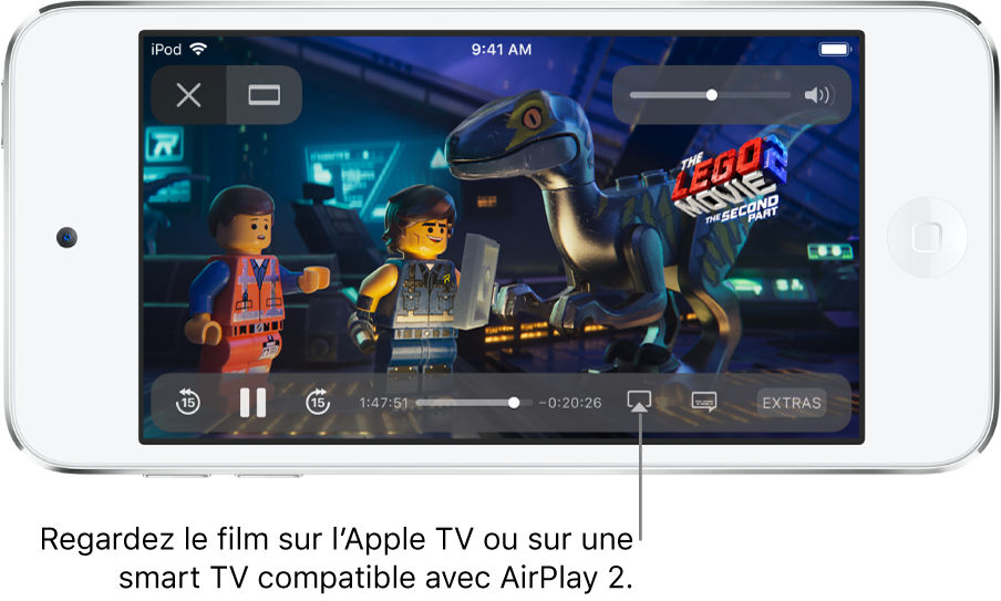 Un film en cours de lecture sur l’écran de l’iPod touch. En bas de l’écran se trouvent les commandes de lecture, notamment le bouton « Recopie de l’écran » en bas à droite.