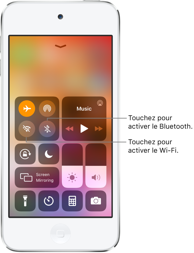 Le Centre de contrôle avec le mode Avion activé et des légendes expliquant que toucher le bouton en bas à gauche dans le groupe de commandes situé en haut à gauche active le Wi-Fi, et que toucher le bouton en bas à droite au sein de ce groupe active le Bluetooth.