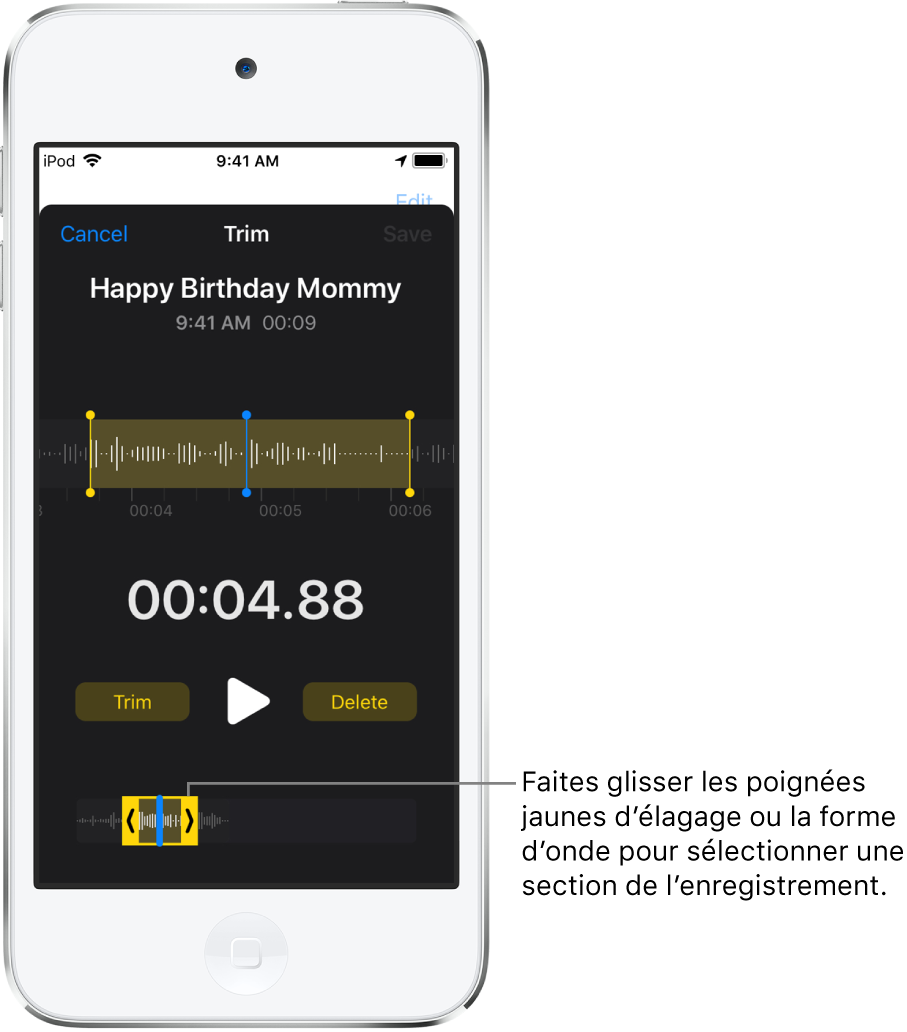 L’enregistrement en cours d’élagage avec les poignées d’élagage encadrant une partie de la forme d’onde audio au bas de l’écran. Un bouton Lecture et la durée de l’enregistrement figurent au-dessus de la forme d’onde. Les poignées d’élagage apparaissent sous le bouton Lecture.