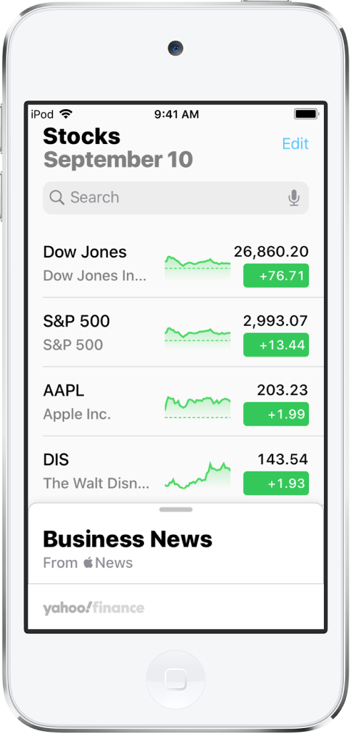 Figyelési lista különféle részvényekkel. A listán lévő egyes részvények mellett (balról jobbra haladva) a tőzsdei szimbólum és név, egy teljesítménydiagram, a részvényár és az ár változása látható. A keresőmező a képernyő tetején található a figyelési lista felett. A figyelési lista alatt az Üzleti hírek rész található. Legyintsen felfelé az üzleti hírek felett az üzleti hírekről szóló cikkek megjelenítéséhez.