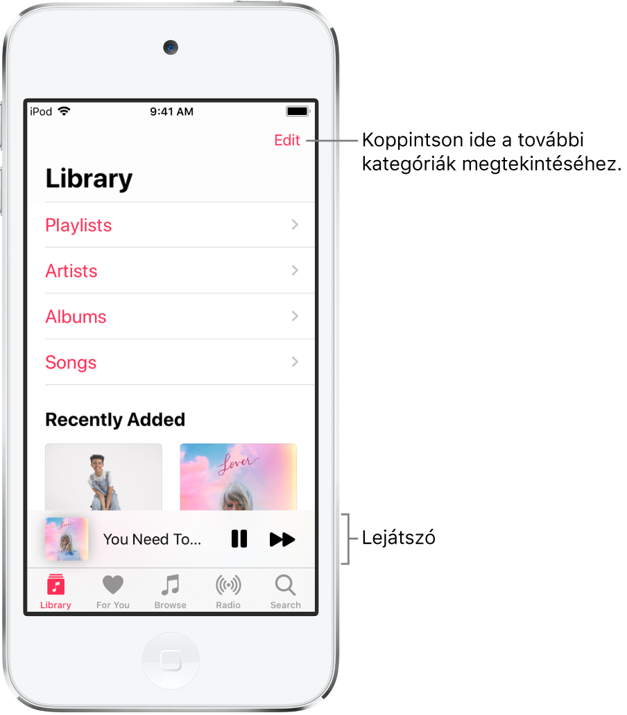 A Könyvtár képernyő különböző kategóriákkal – például Lejátszási listák, Előadók, Albumok és Dalok. A lista alatt a Nemrég hozzáadott fejléc látható. A lejátszó az aktuálisan lejátszott dal címével, illetve a Szünet és a Következő gombokkal látható a képernyő alján.