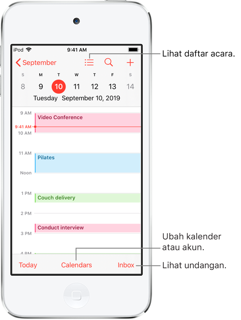 Kalender dalam tampilan hari menampilkan acara pada hari itu. Ketuk tombol Kalender di bagian bawah layar untuk mengubah akun kalender. Ketuk tombol Inbox di kanan bawah untuk melihat undangan.