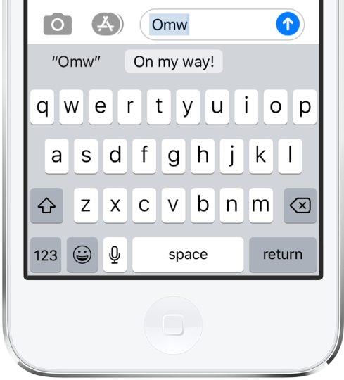 Pesan dengan pintasan teks OMW diketik dan “On my way!” disarankan di bawahnya sebagai teks pengganti.