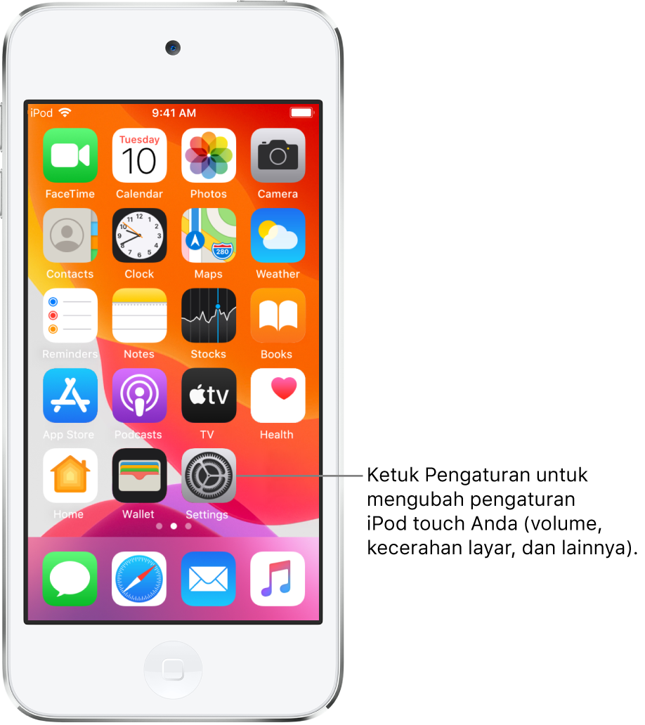 Layar Utama dengan beberapa ikon, meliputi ikon Pengaturan, yang dapat Anda ketuk untuk mengubah volume bunyi, kecerahan layar iPod touch Anda, dan lainnya.