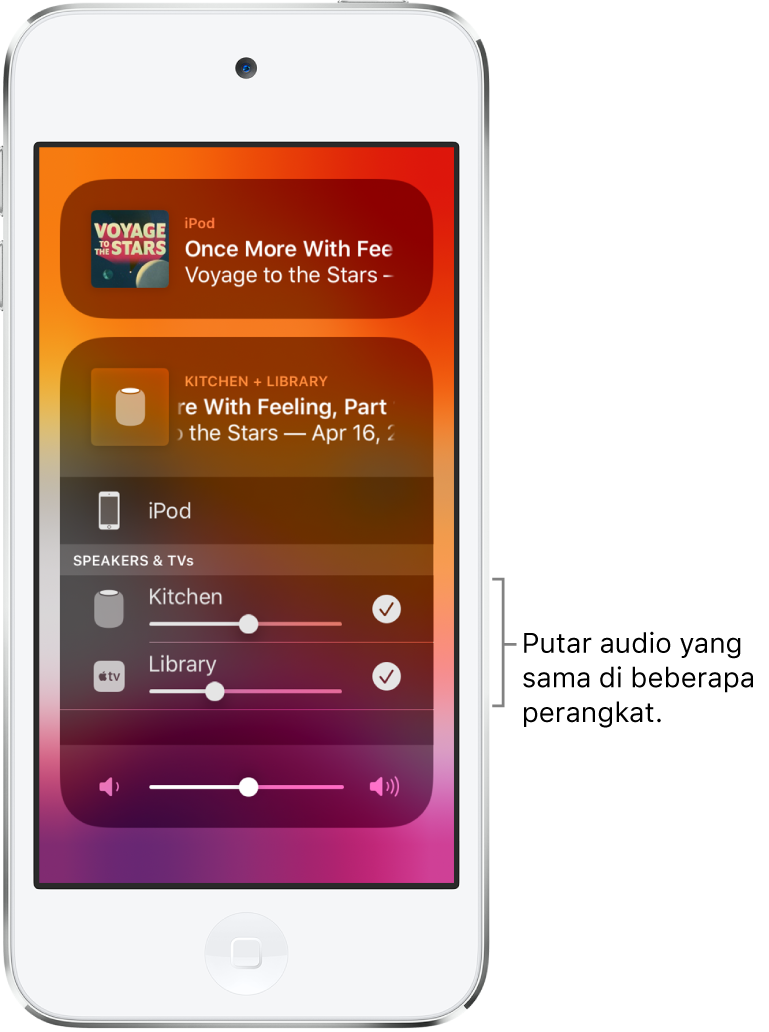 Layar iPod touch menampilkan HomePod dan Apple TV sebagai tujuan audio yang dipilih.