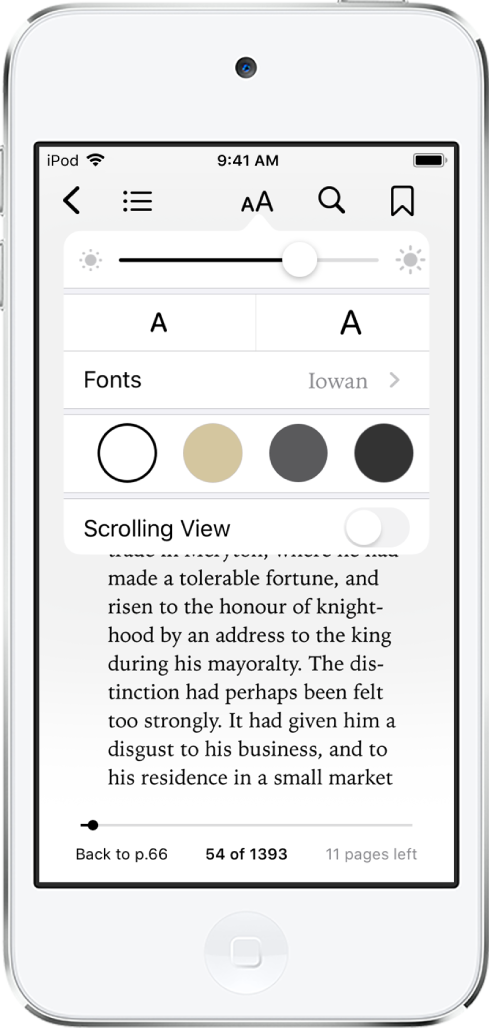 Il menu Aspetto che contiene, dall'alto verso il basso, i controlli per la luminosità, per determinare il font e la sua dimensione, per il colore delle pagine e quelli per la visualizzazione a scorrimento.