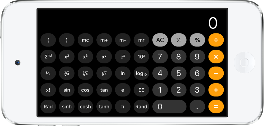 横向きのiPod touch。指数計算、対数計算、三角関数計算ができる関数電卓が表示されています。