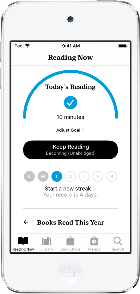 「今すぐ読む」の「読書目標」セクション。読書カウンターは読書目標の10分間のうち6分間が経過したことを示しています。カウンターの下には「読書を続ける」ボタンがあり、丸い印は日曜日から土曜日までの各曜日を表しています。火曜日の丸は青く縁取られており、その日の進み具合を表しています。