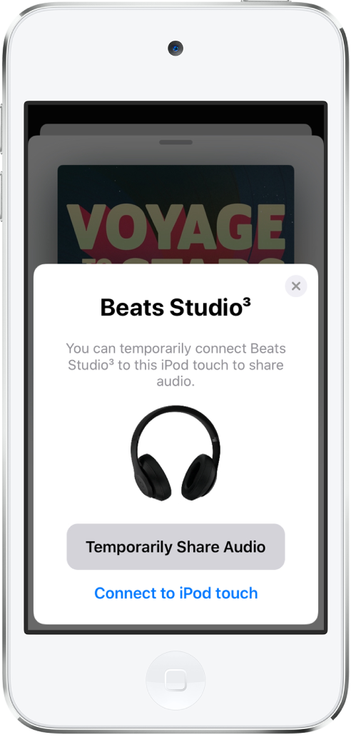 Beats 헤드폰 그림이 있는 iPod touch 화면. 화면 하단 부근에 오디오를 일시적으로 공유하기 위한 버튼이 있음.