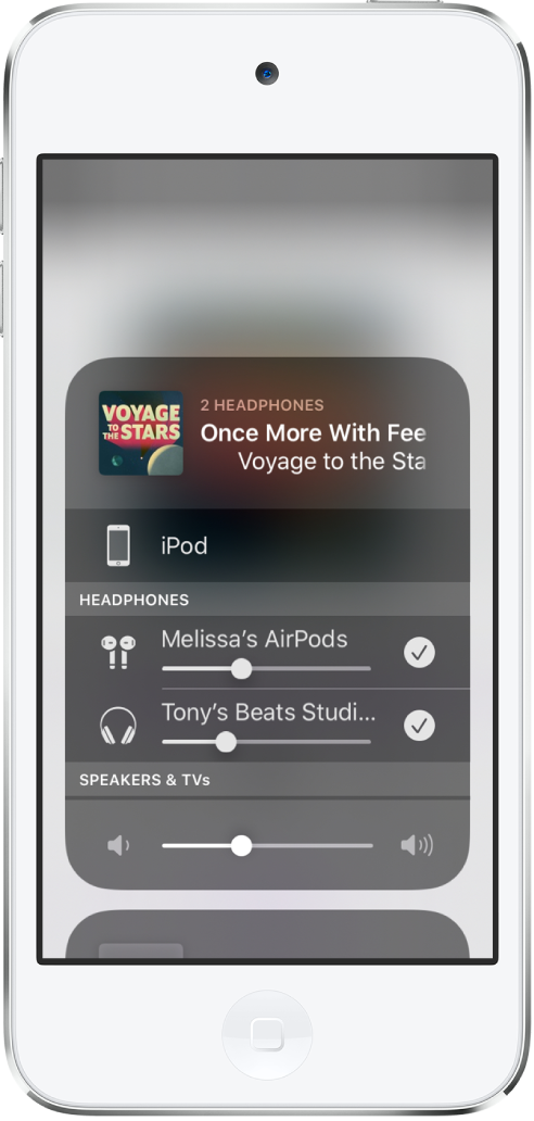 연결된 두 쌍의 AirPods이 표시된 iPod touch 화면.