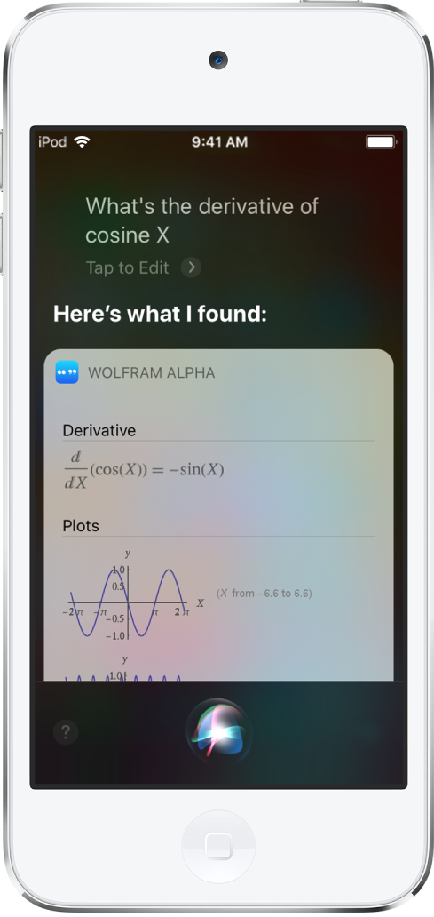 Een antwoord op de vraag: "What's the derivative of cosine x?" Op het scherm zie je van boven naar beneden een vergelijking, een grafiek en extra informatie.