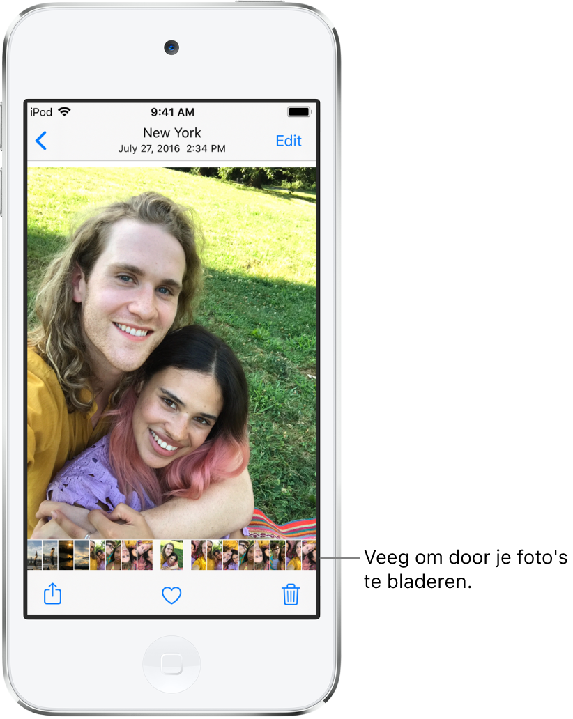 Een foto met miniaturen van andere foto's onder in het scherm. Linksbovenin staat een terugknop waarmee je teruggaat naar de weergave waarin je aan het bladeren was. Onder in het scherm zie je de knoppen 'Deel', 'Leuk' en 'Verwijder'. Rechtsbovenin staat de knop 'Bewerk'.