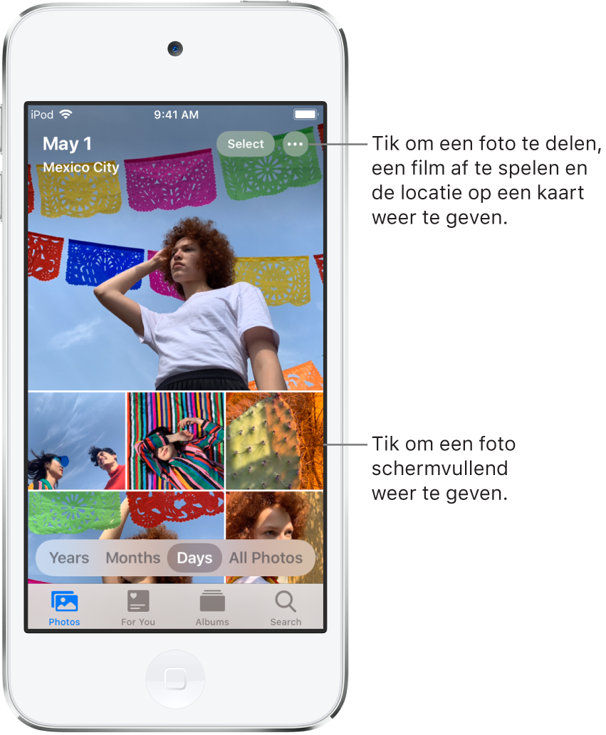 De fotobibliotheek in de weergave 'Dagen'. Een selectie van fotominiaturen vult het scherm. Linksboven in het scherm is te zien op welke datum en welke locatie de foto's zijn genomen. Rechtsboven staan de knoppen 'Selecteer' en 'Meer opties'. Onder de miniaturen staan opties om de fotobibliotheek in de weergaven 'Jaren', 'Maanden', 'Dagen' en 'Alle foto's' te zien. Onder in het scherm zie je de tabs 'Foto's', 'Voor jou', 'Albums' en 'Zoek'.