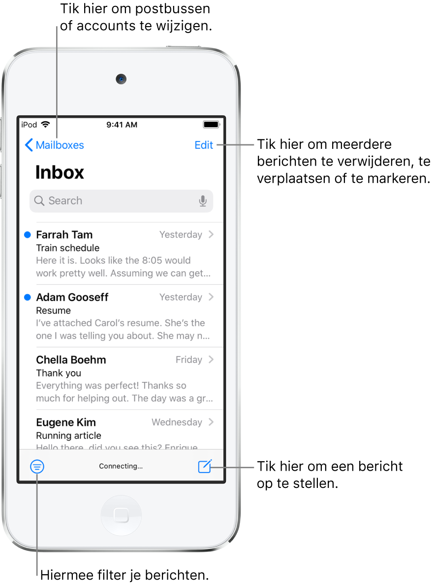 De postbus 'Inkomend' met een lijst met e-mails. Linksbovenin zie je de postbusknop waarmee je naar een andere postbus kunt gaan. Rechtsbovenin bevindt zich de wijzigknop voor het verwijderen, verplaatsen of markeren van e-mail. Linksonderin zie je de filterknop, waarmee je kunt instellen dat alleen bepaalde e-mails worden weergegeven. Rechtsonderin staat de knop voor het opstellen van een nieuwe e-mail.