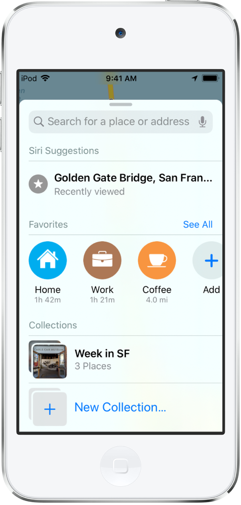 De zoekkaart vult het scherm. Het gedeelte voor 'Verzamelingen' wordt onder het zoekveld en de favorietenrij weergegeven. In de lijst 'Verzamelingen' zie je een verzameling met de titel "Week in San Francisco" en een optie voor het maken van een nieuwe verzameling.
