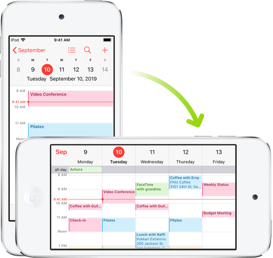 I bakgrunnen viser iPod touch en Kalender-skjerm, med én dags hendelser i stående retning; i forgrunnen er iPod touch snudd i liggende retning, med Kalender-hendelser for hele den aktuelle uken.