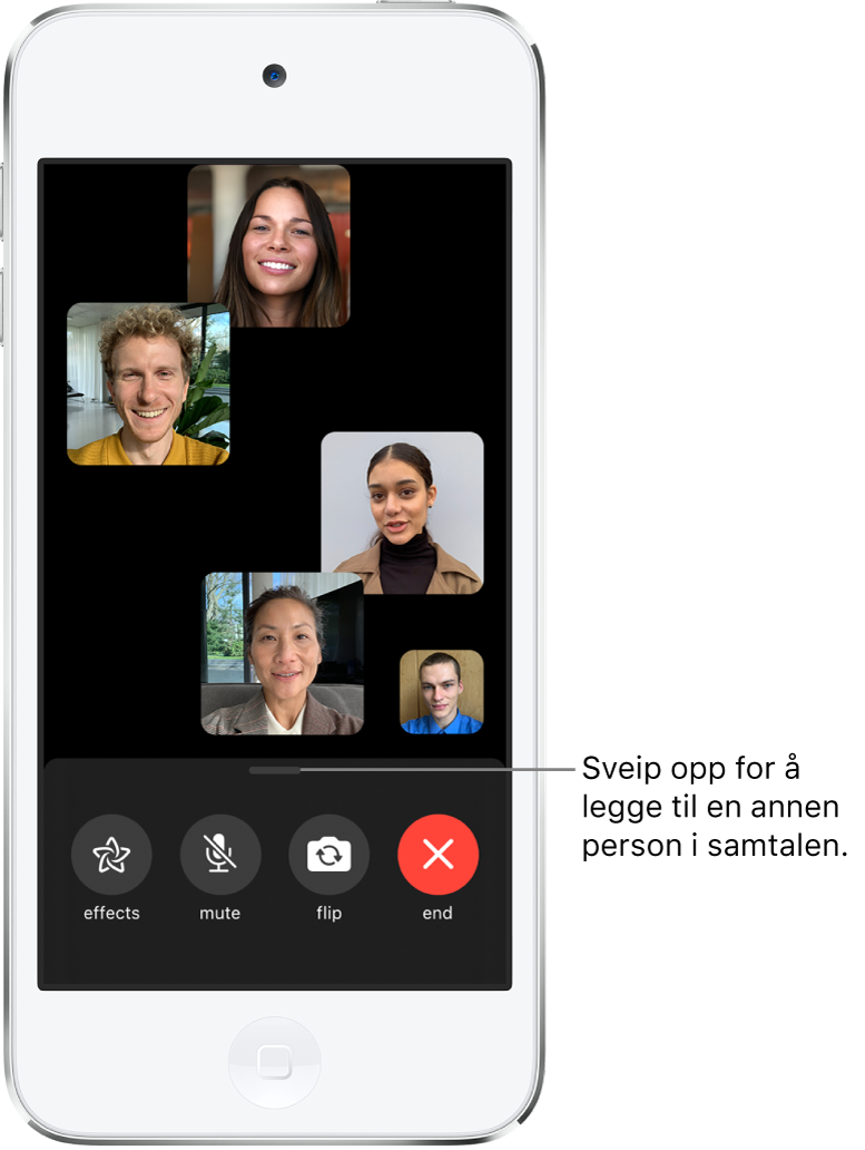 En gruppesamtale i FaceTime med fem deltakere, inkludert den som startet samtalen. Hver deltaker vises i en egen rute. Kontrollene nederst på skjermen er Effekter, Lyd av, Bytt kamera og Avslutt.