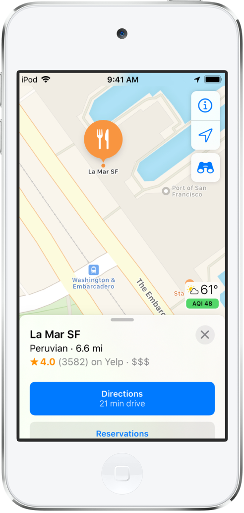 Et kart som viser plasseringen til en restaurant. Informasjonskortet nederst på skjermen inkluderer knapper for å lage reservasjoner og få veibeskrivelser.