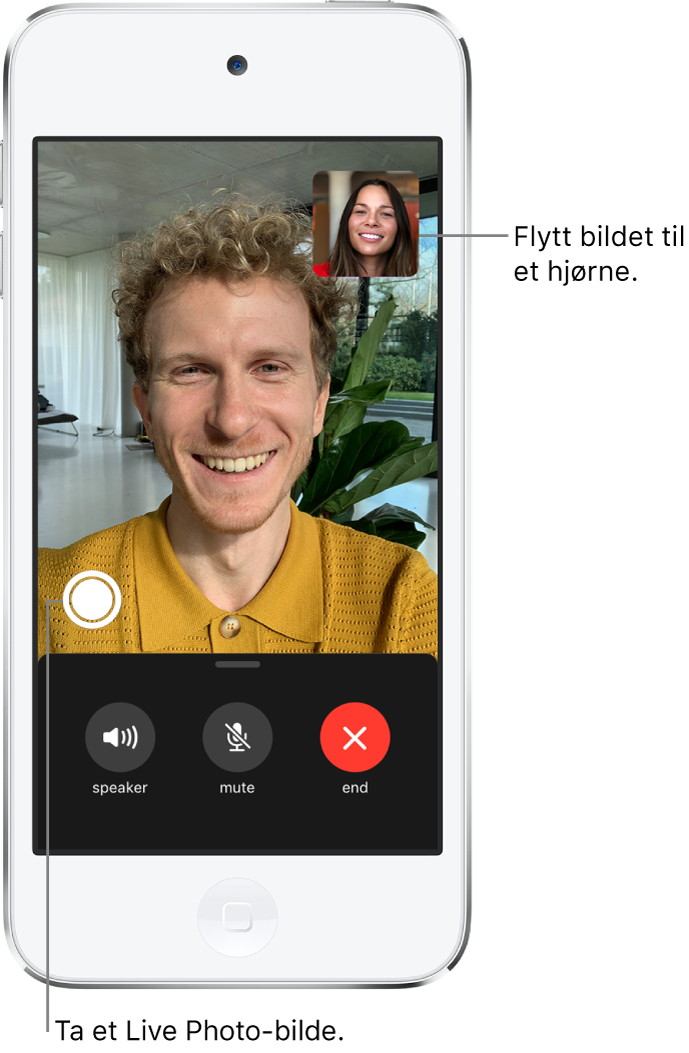 FaceTime-skjermen som viser en samtale. Bildet av deg vises i en liten firkant øverst til høyre, og bildet av den andre personen vises på resten av skjermen. Nederst på skjermen er knappene Høyttaler, Lyd av og Avslutt.