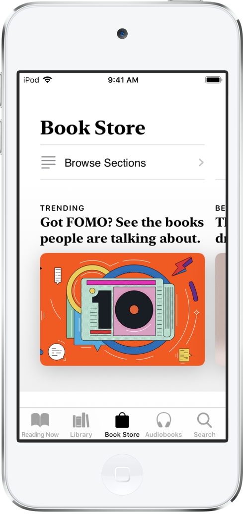 En skjerm i Nettbokhandel i Bøker-appen. Nederst på skjermen, fra venstre mot høyre: fanene Leses nå, Bibliotek, Nettbokhandel, Lydbøker og Søk – fanen Nettbokhandel er markert. Skjermen viser også bøker og kategorier av bøker du kan bla gjennom og kjøpe.