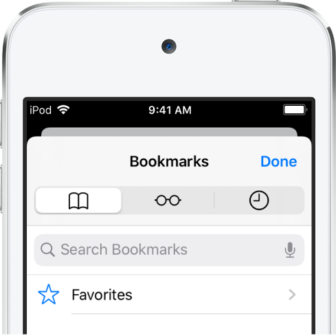 Bokmerker-skjermen med valg for å se favoritter og nettleserloggen, i tillegg til bokmerkene dine.