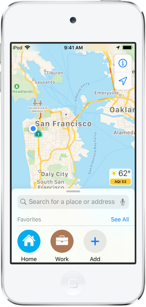 Et kart av San Francisco Bay Area med to favoritter vist under søkefeltet. Favorittene er Hjem og Jobb.