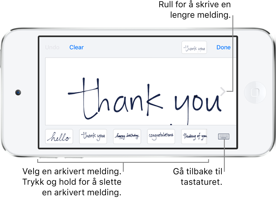 Håndskriftskjermen med en håndskrevet melding. Nederst, fra venstre mot høyre, er arkiverte meldinger og Vis tastatur-knappen.