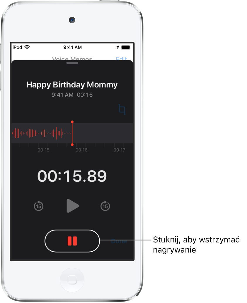Ekran nagrywania w aplikacji Dyktafon; przycisk wstrzymywania jest aktywny, a narzędzia odtwarzania oraz przechodzenia do przodu i do tyłu o 15 sekund są wygaszone. Główna część ekranu zawiera kształt fali tworzonego nagrania oraz wskaźnik czasu.