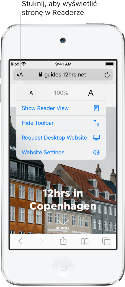 Pole adresu w Safari z przyciskiem Reader po lewej stronie.