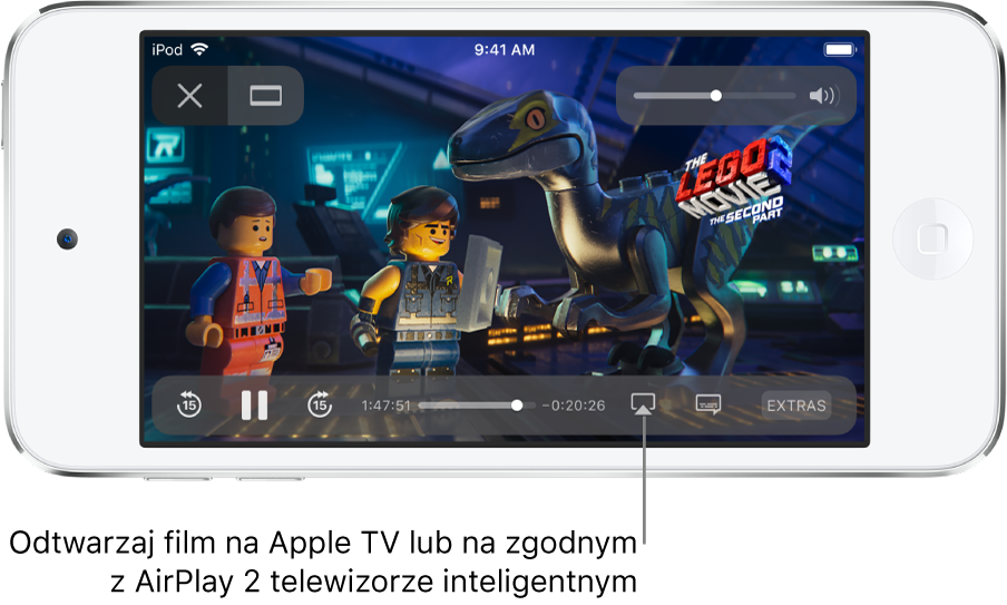 Film odtwarzany na ekranie iPoda touch. Na dole ekranu widoczne są narzędzia odtwarzania, w tym również przycisk klonowania ekranu, znajdujący się w prawym dolnym rogu.