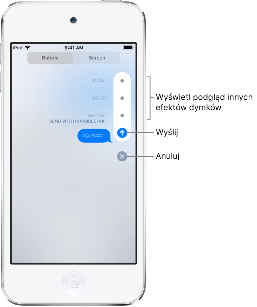 Podgląd wiadomości wysłanej z efektem niewidocznego tuszu. Aby wyświetlić podgląd innych efektów dymków, stuknij w symbol znajdujący się po prawej stronie. Aby wysłać efekt, stuknij ponownie w symbol. Możesz także stuknąć w przycisk anulowania i wrócić do wiadomości.