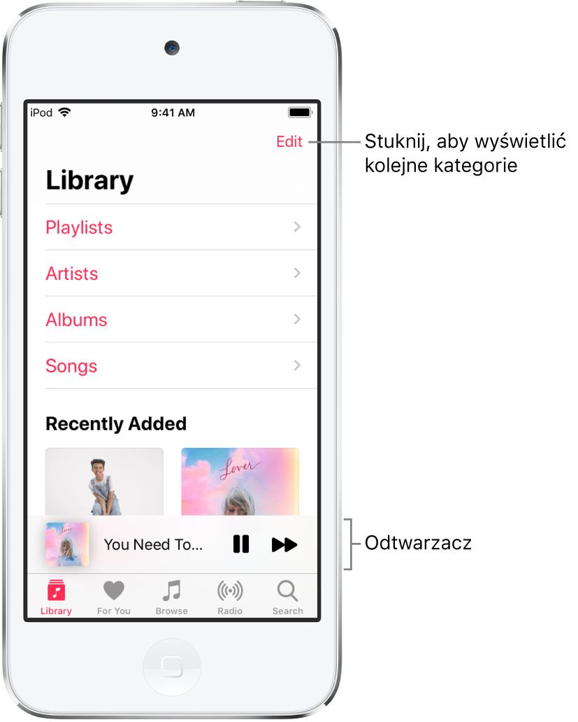 Ekran Biblioteka zawierający listę kategorii, w tym Playlisty, Wykonawcy, Albumy i Utwory. Pod listą znajduje się nagłówek Ostatnio dodane. Odtwarzacz wyświetlający tytuł bieżącego utworu; na dole znajduję się przyciski pauzy i przejście do następnego utworu.