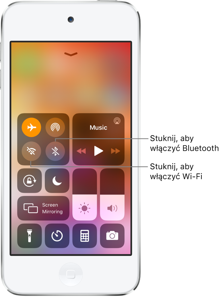 Centrum sterowania; tryb Samolot jest włączony; stuknięcie w lewy dolny przycisk w grupie wyświetlanej na górze po lewej włącza Wi‑Fi, a stuknięcie w prawy dolny przycisk w tej samej grupie włącza Bluetooth.