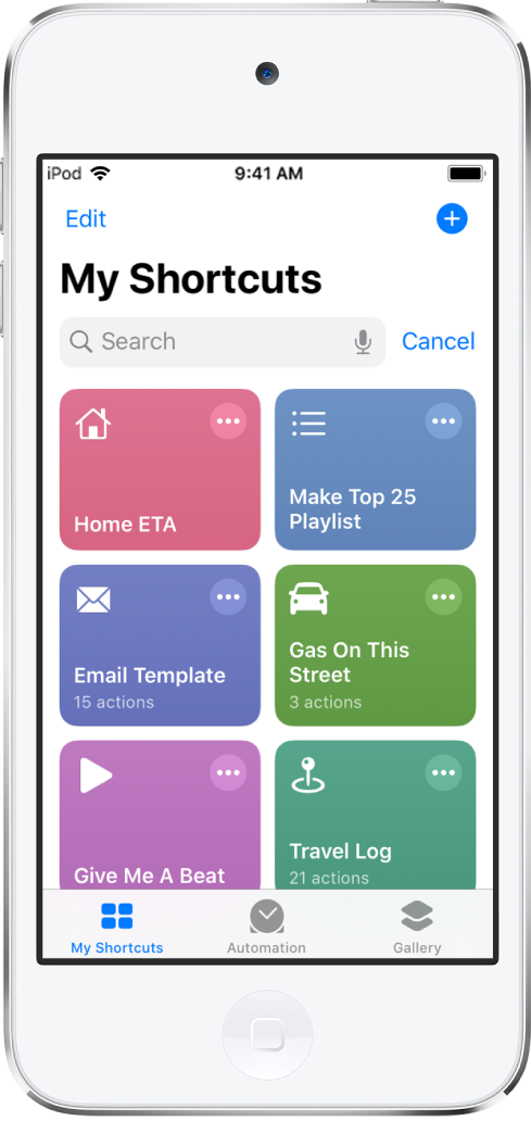 Karta Moje skróty. Na górze widoczne jest pole wyszukiwania. Poniżej znajdują się skróty pozwalające na wykonywanie popularnych codziennych czynności, takich jak znajdowanie pobliskiej stacji benzynowej lub prowadzenie dziennika podróży. Na dole widoczne są karty Automatyzacja oraz Galeria.