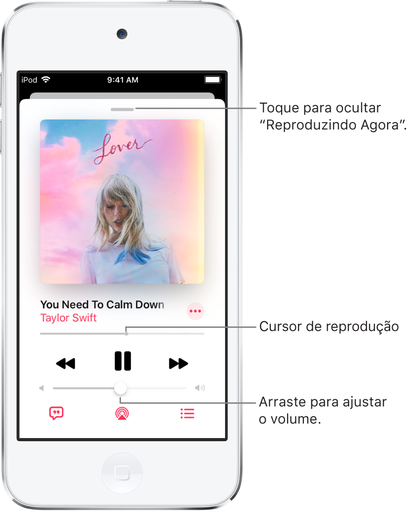 A tela Reproduzindo mostrando a capa do álbum. Abaixo encontram-se o título da música, o nome do artista, o botão Mais, o cursor de reprodução, os controles de reprodução, o controle de volume, o botão Letras, o botão Destino da Reprodução e o botão A Seguir. O botão Ocultar Reproduzindo encontra-se na parte superior.
