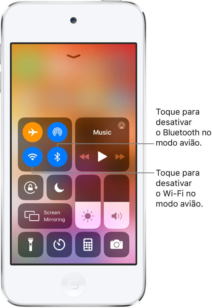 Central de Controle com o modo avião ativado, com chamadas explicando que um toque no botão superior esquerdo do grupo de controles superior esquerdo desativa o Wi‑Fi e um toque no botão inferior direito desse grupo desativa o Bluetooth.