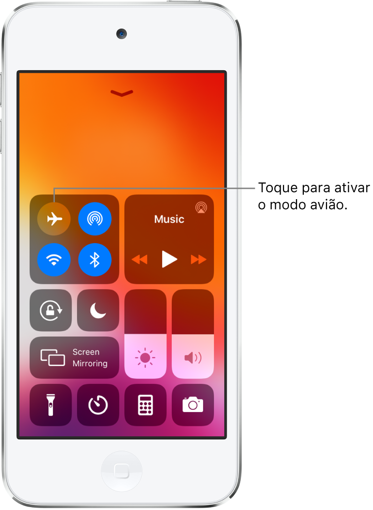 Tela com a Central de Controle com uma chamada explicando que um toque no botão superior esquerdo ativa o modo avião.