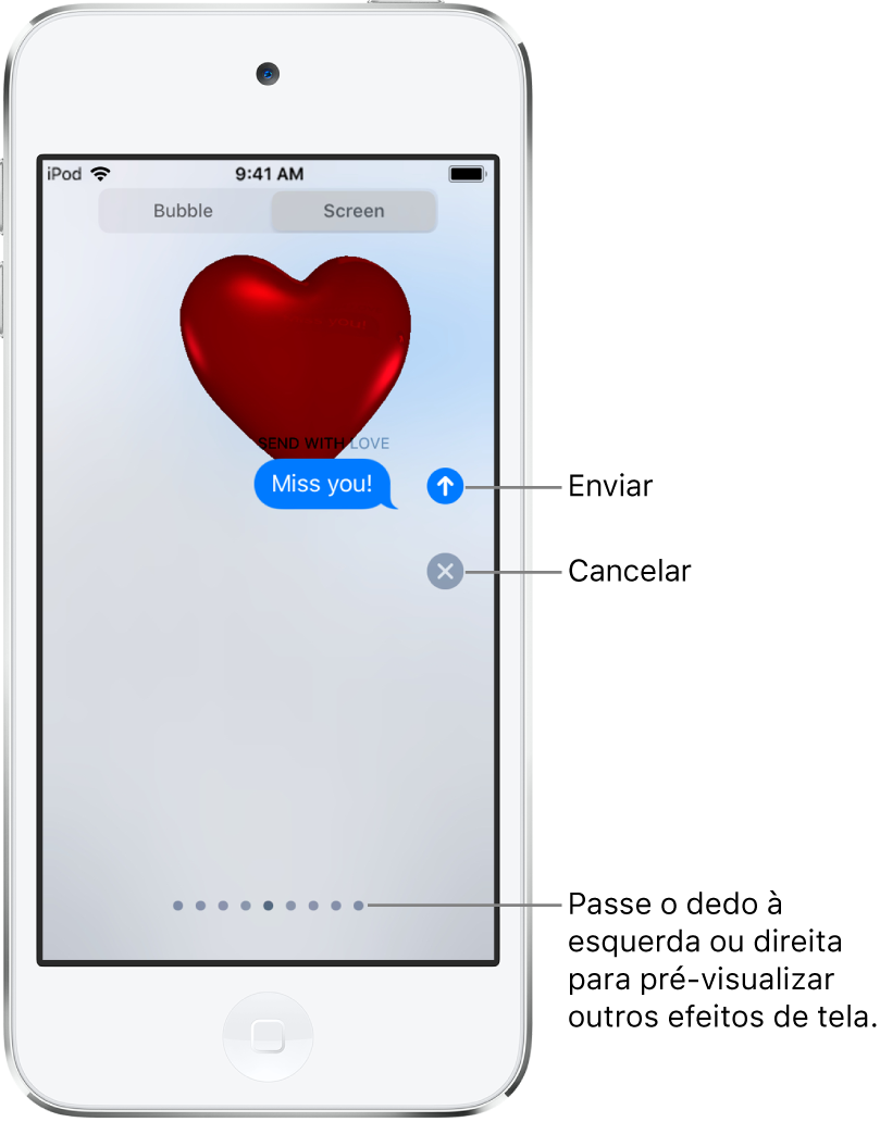 Pré-visualização de uma mensagem mostrando um efeito de tela cheia com um coração vermelho.