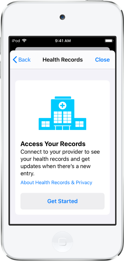 Tela Começar para configurar o download de registros de saúde.