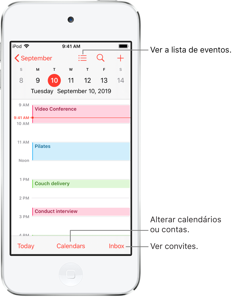Um calendário na visualização de dia mostrando os eventos do dia. Toque no botão Calendários na parte inferior da tela para alterar as contas do calendário. Toque no botão Entrada no canto inferior direito para ver os convites.