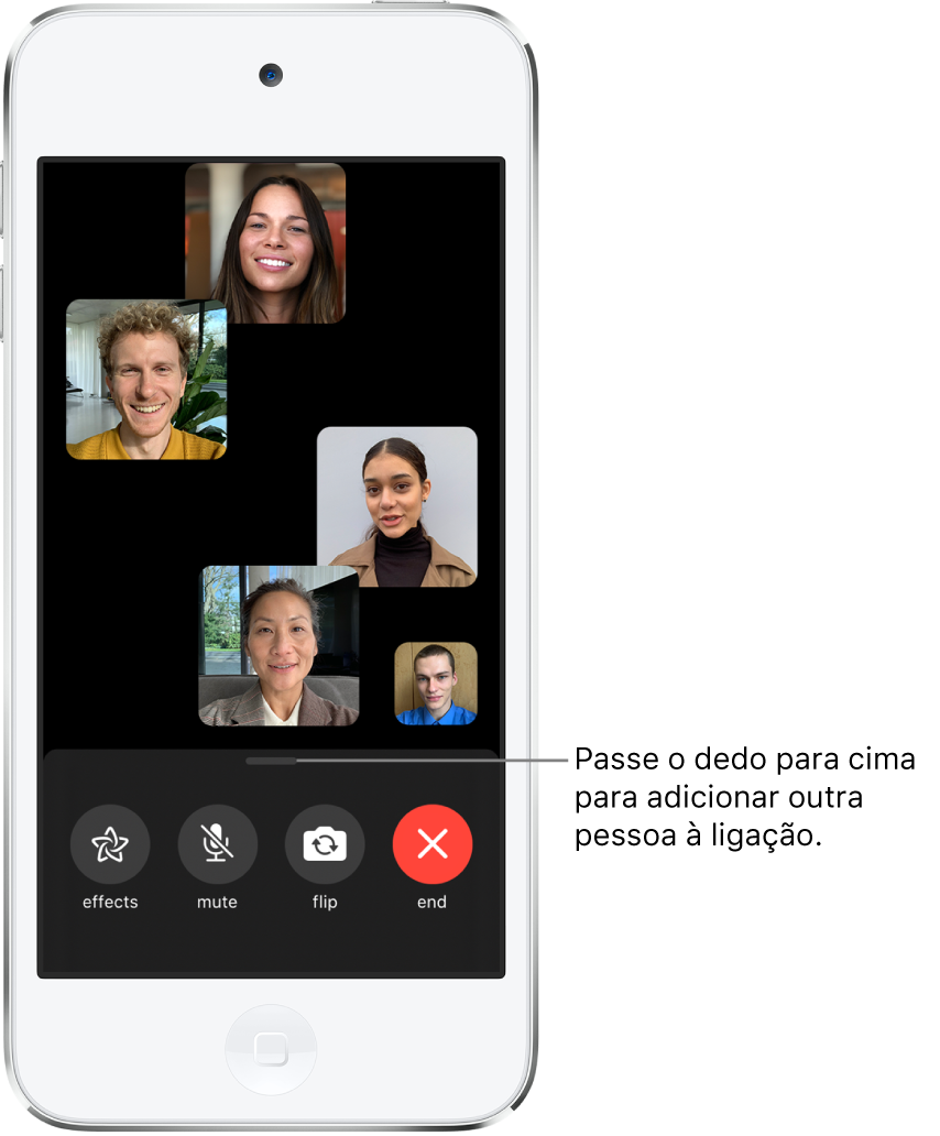 Uma ligação do FaceTime em grupo com cinco participantes, incluindo quem a originou. Cada participante aparece em uma casa separada. Os controles na parte inferior da tela são: efeitos, mudo, virar e finalizar.