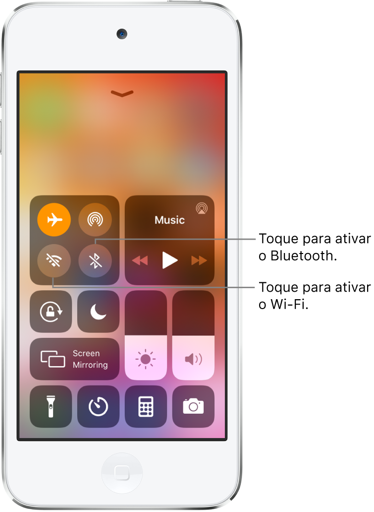 Central de Controle com o modo avião ativado, com chamadas explicando que um toque no botão superior esquerdo do grupo de controles superior esquerdo ativa o Wi‑Fi e um toque no botão inferior direito desse grupo ativa o Bluetooth.