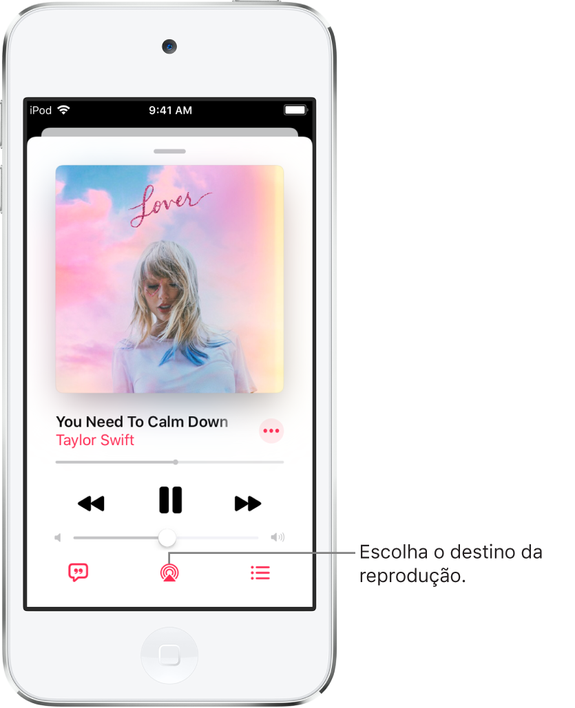 Controles de reprodução na tela Reproduzindo do app Música, incluindo o botão Destino da Reprodução, na parte inferior da tela.