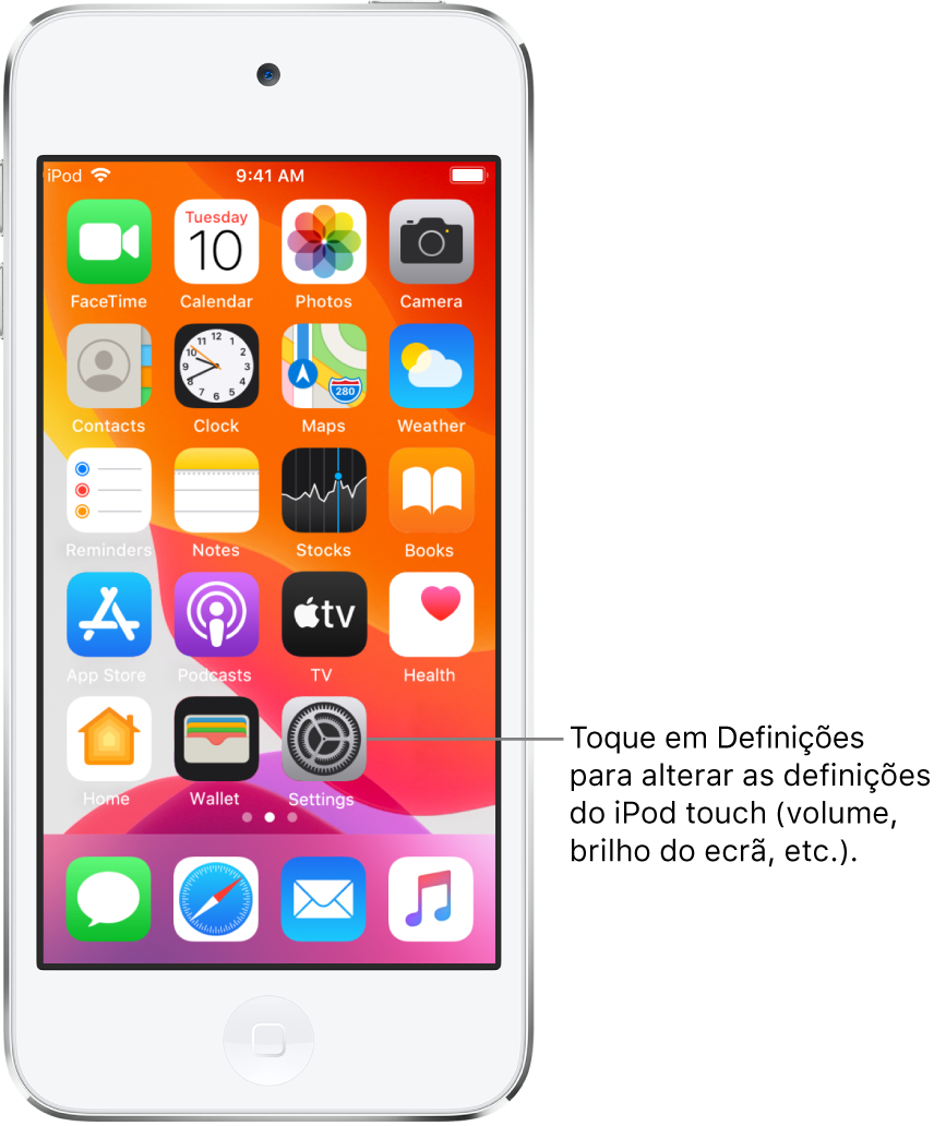 O ecrã principal com vários ícones, incluindo o ícone Definições, no qual pode tocar para alterar o volume de som, o brilho no ecrã e outras definições do iPod touch.