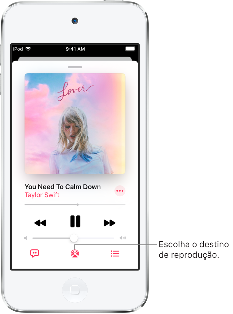 Os controlos de reprodução no ecrã “A reproduzir” da aplicação Música, incluindo o botão “Destino da reprodução” na parte inferior do ecrã.