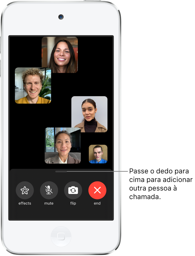 Uma chamada FaceTime de grupo, com cinco participantes, incluindo o criador da chamada. Cada participante é apresentado num mosaico diferente. Os controlos na parte inferior do ecrã são “Efeitos”, “Tirar o som”, “Virar” e “Terminar”.