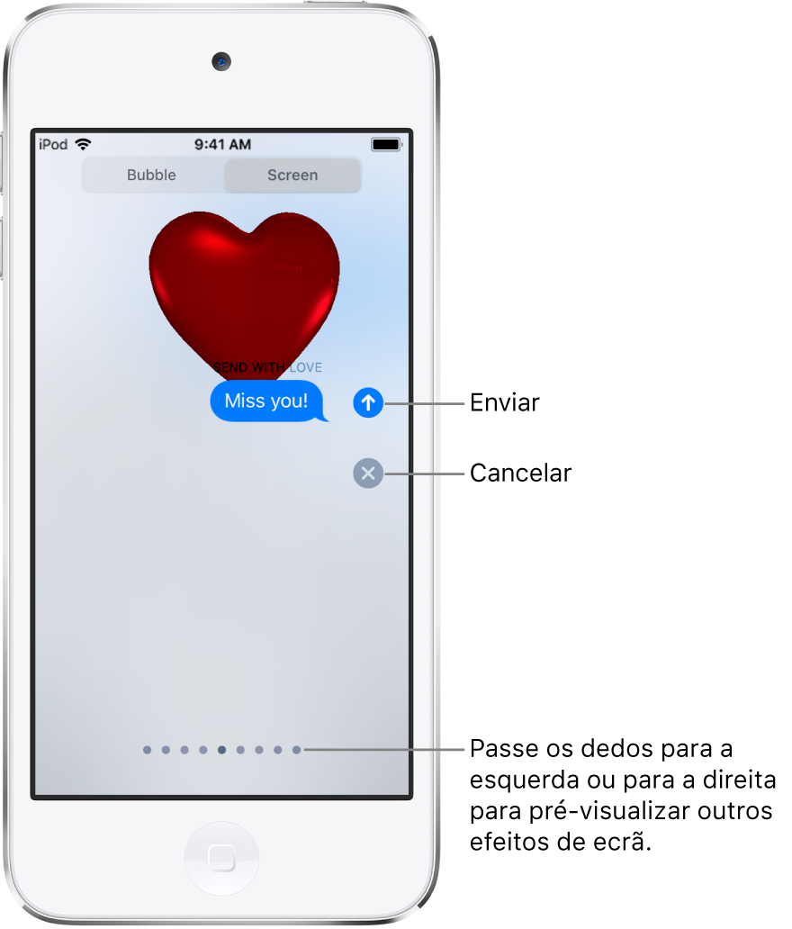 Pré‑visualização de um efeito de ecrã completo com um coração vermelho.