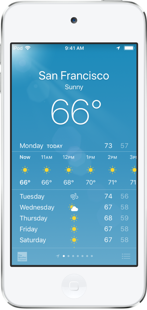 Экран приложения «Погода», на котором показан город, текущие погодные условия и температура. Ниже расположен почасовой прогноз, следом — прогноз на 5 дней. Количество точек в центре нижней части экрана обозначает количество городов.
