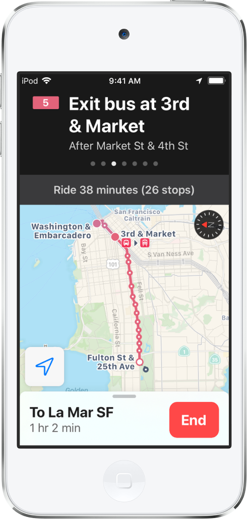 На карте показан маршрут через Сан-Франциско на общественном транспорте. Карточка маршрута в верхней части экрана отображает инструкцию «Выйдите из автобуса на остановке у третьей улицы и рынка».