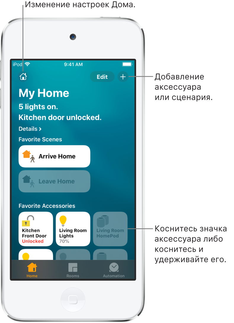 Вкладка «Дом» с избранными сценариями и аксессуарами. Также отображается сводная информация о доме. В нижней части расположены вкладки «Комнаты» и «Автоматизация».